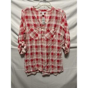 Motherhood red pink plaid maternity  Long shirt blouse size small‎ NWT